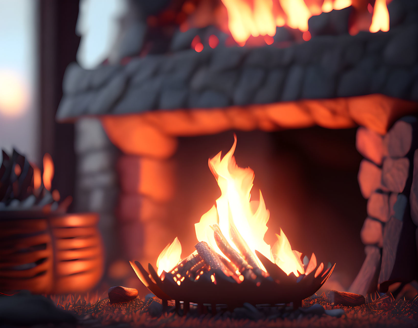 Inviting fireplace scene with burning logs and firewood basket