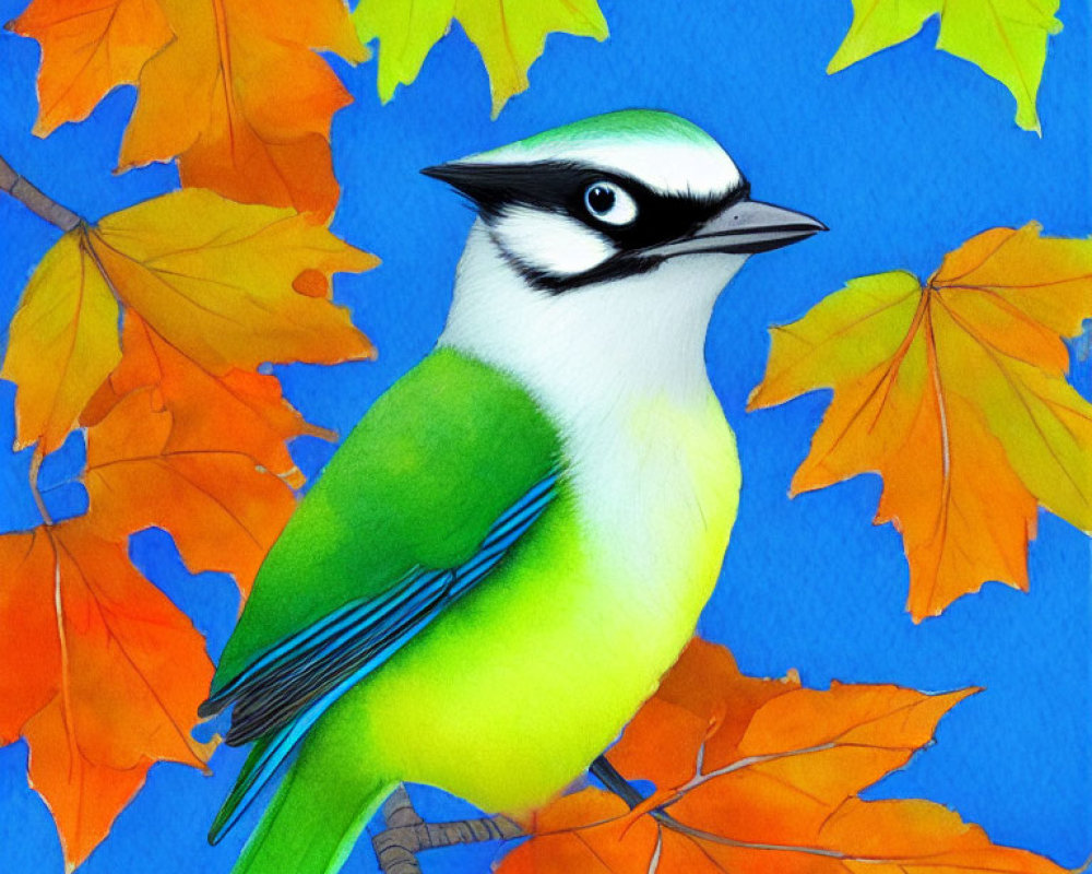 Colorful Bird Illustration Perched on Branch Among Maple Leaves