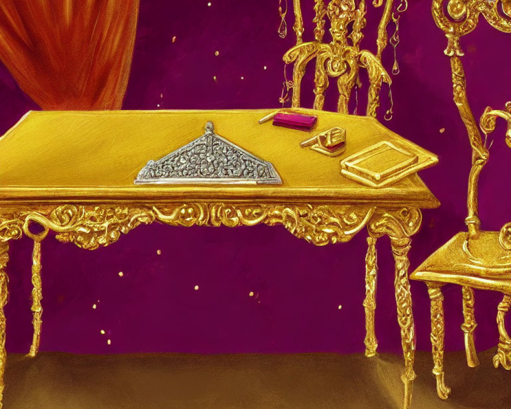 Golden Writing Desk with Quill, Inkwell, Book on Royal Purple Background