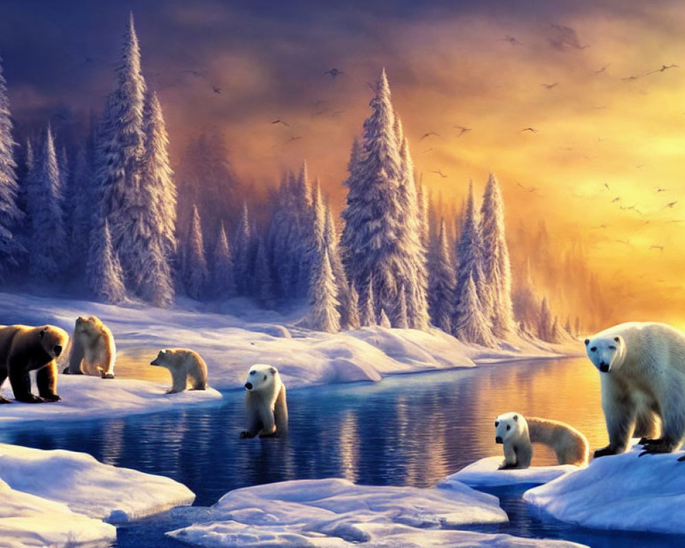 Bears on Snow-Covered Icebergs in Golden Winter Landscape