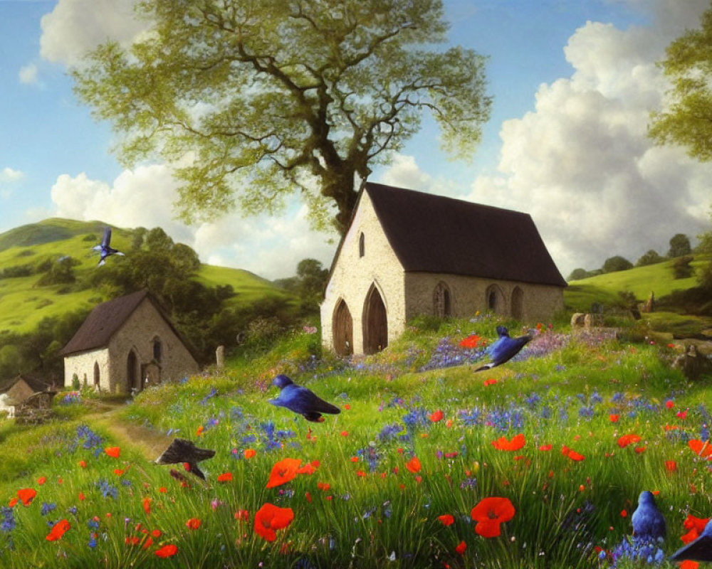 Tranquil countryside scene with stone church, bluebirds, poppies, sunny sky