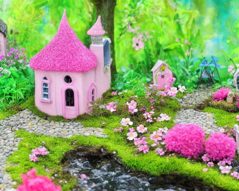 Colorful Fairy Garden with Pink-Roofed House and Pebble Path