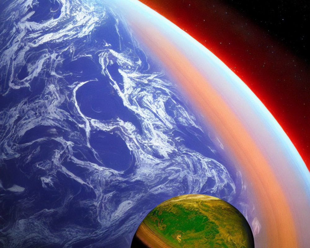 Digital artwork: Earth from space with surreal green planet or moon in starry sky