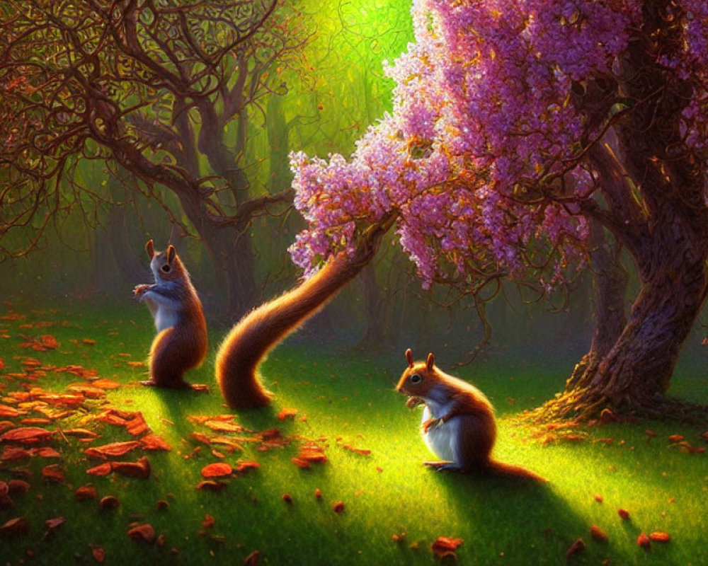 Squirrels under blossoming tree in magical forest with sunlight.