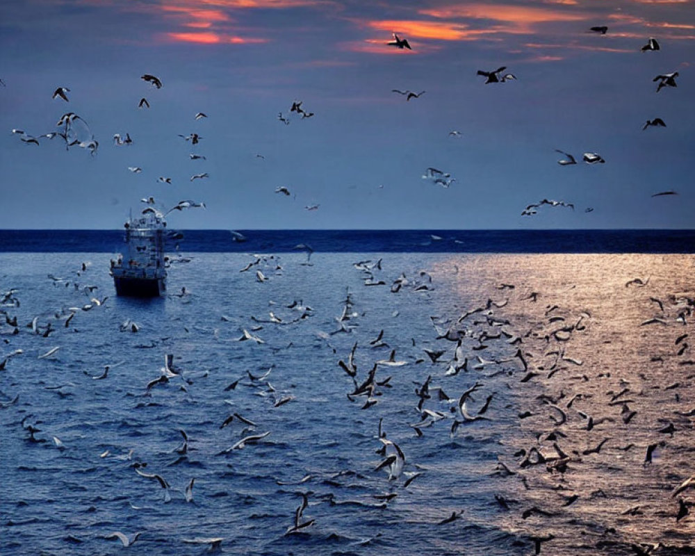 Fishing boat on ocean at dusk with seagulls in orange and blue sunset sky