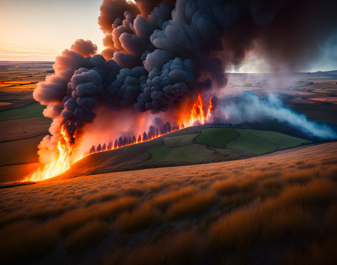 Intense Wildfire Engulfs Rural Landscape at Dusk