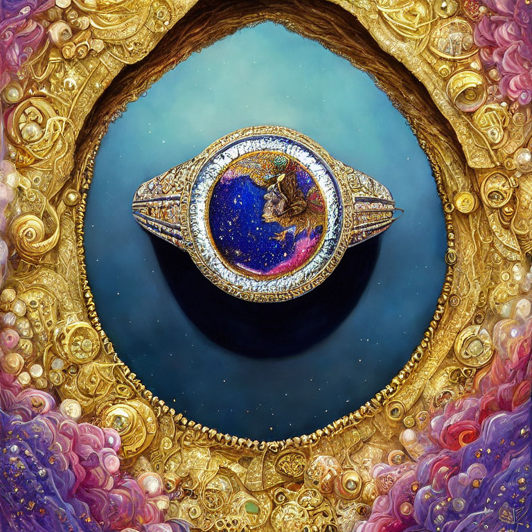 Cosmic Eye Brooch with Diamond Encrustments on Pink and Gold Cloud Background