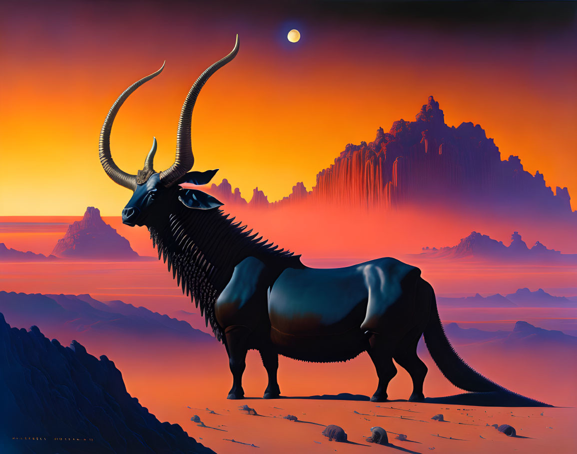 Majestic antelope with exaggerated horns in surreal landscape