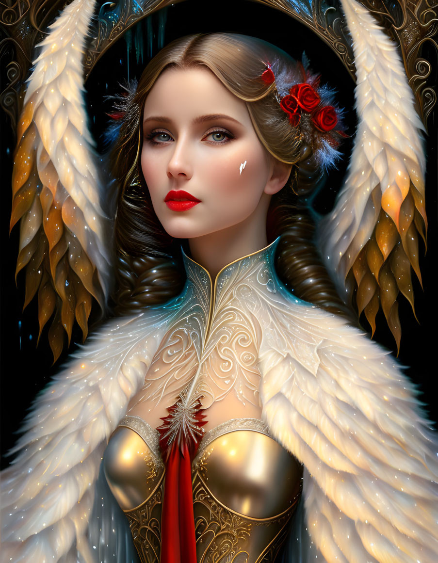 Digital Artwork: Woman with Angel Wings in Golden Armor