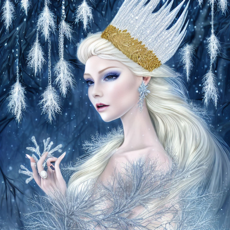 Regal woman with blonde hair in crystal attire against frost-covered trees