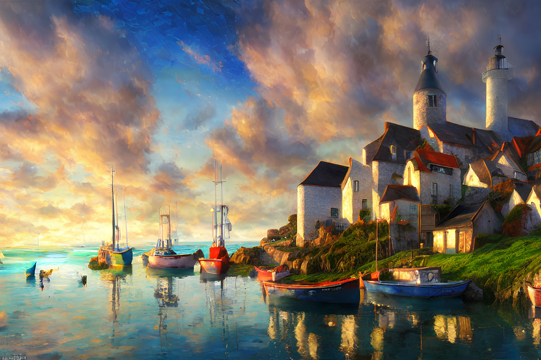 Scenic coastal village with boats, historic buildings, and lighthouse at sunset