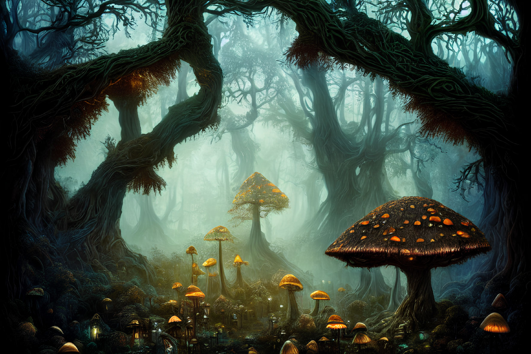 Majestic forest with towering trees and glowing mushrooms in a misty, blue-toned setting