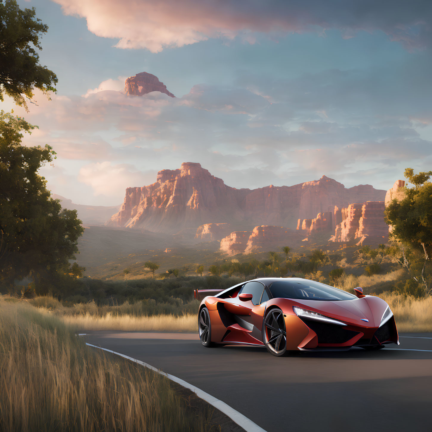 Red Sports Car Parked on Desert Road with Sunset Sky