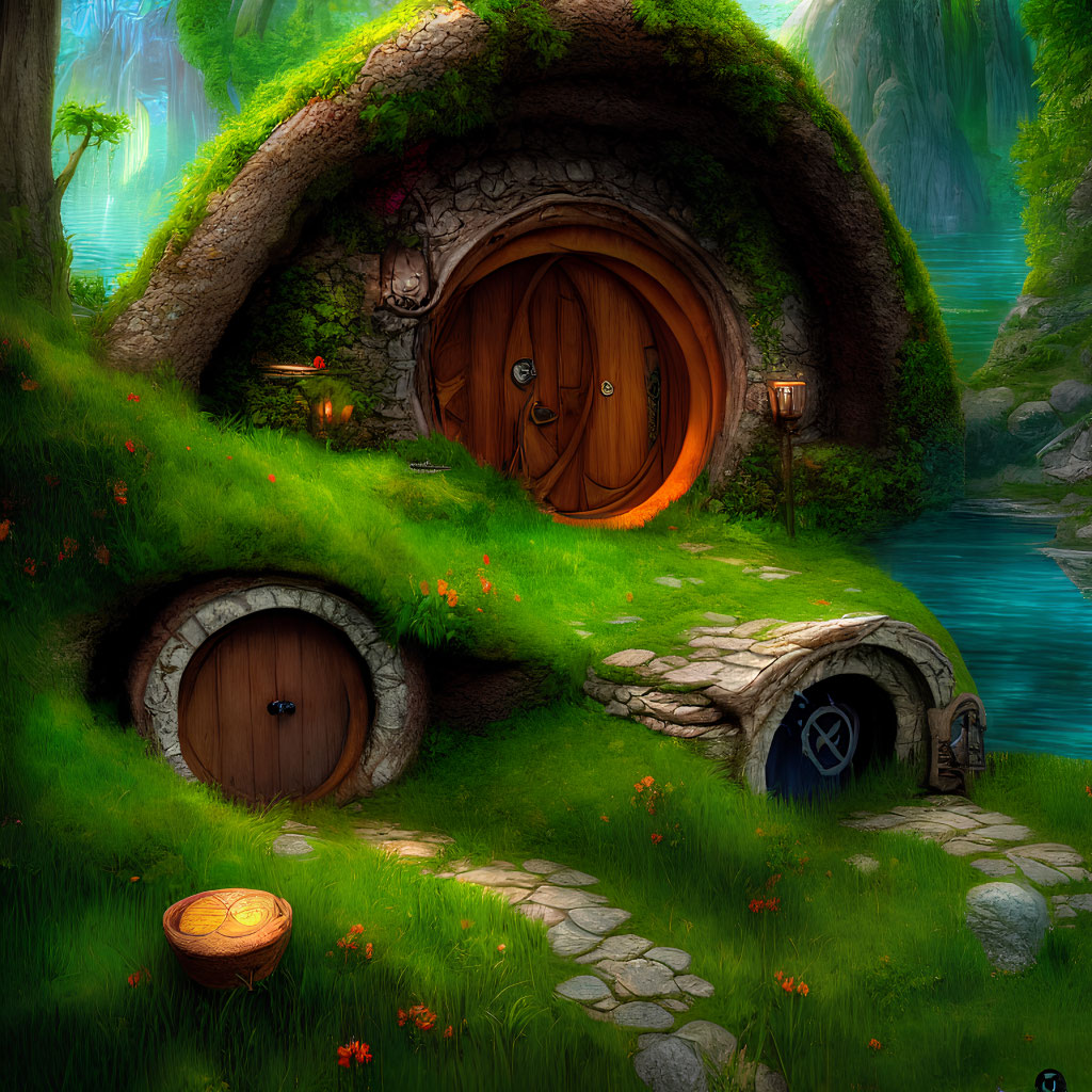 Illustration of Cozy Hobbit-Style House in Green Landscape