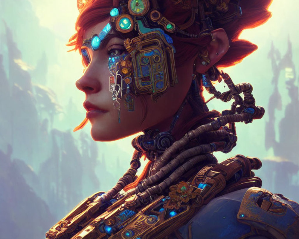 Digital portrait of woman with cybernetic enhancements and tribal attire on soft-focus landscape