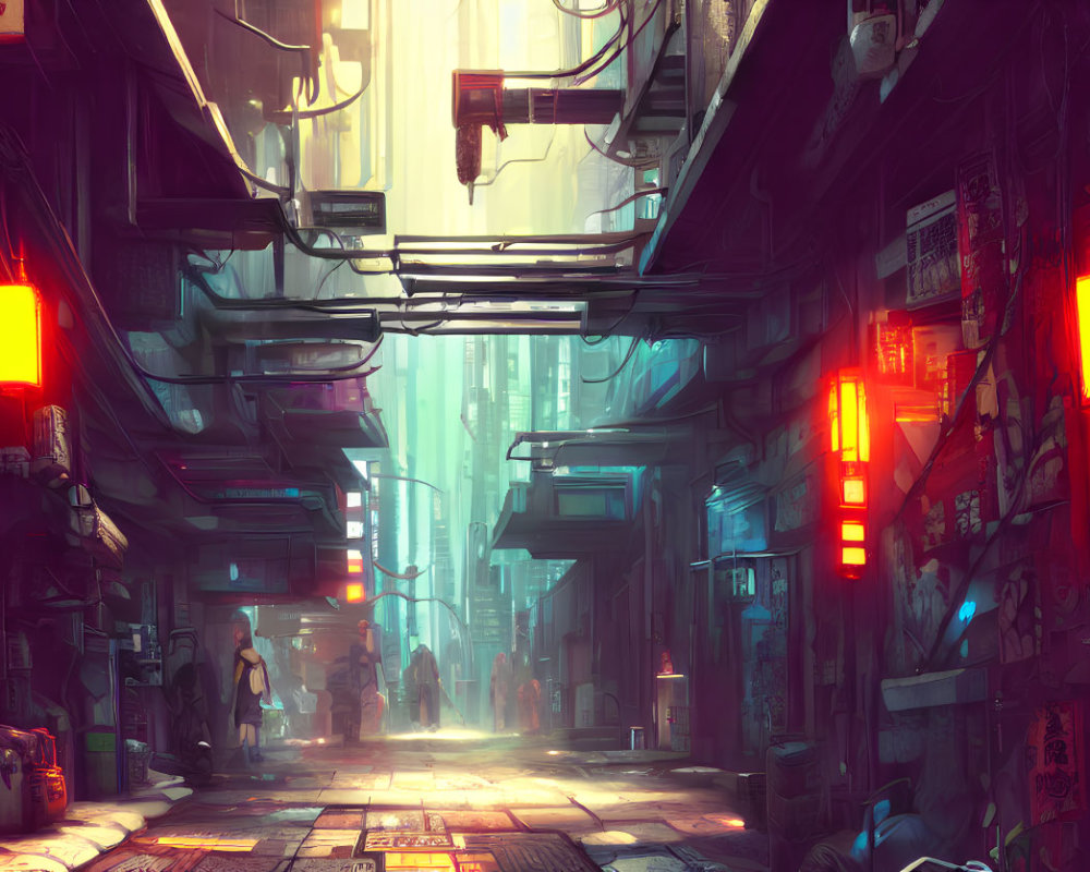 Futuristic cyberpunk alley with neon signs and people under artificial light