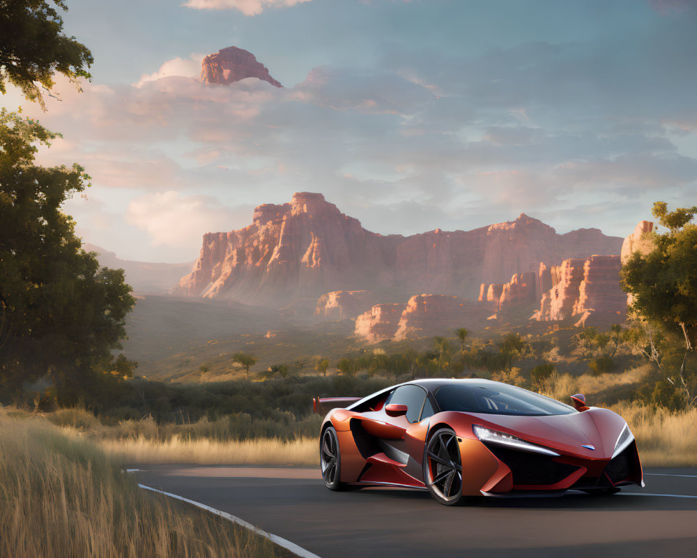 Red Sports Car Parked on Desert Road with Sunset Sky