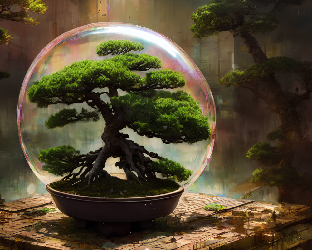 Bonsai tree in transparent bubble in mystical forest setting