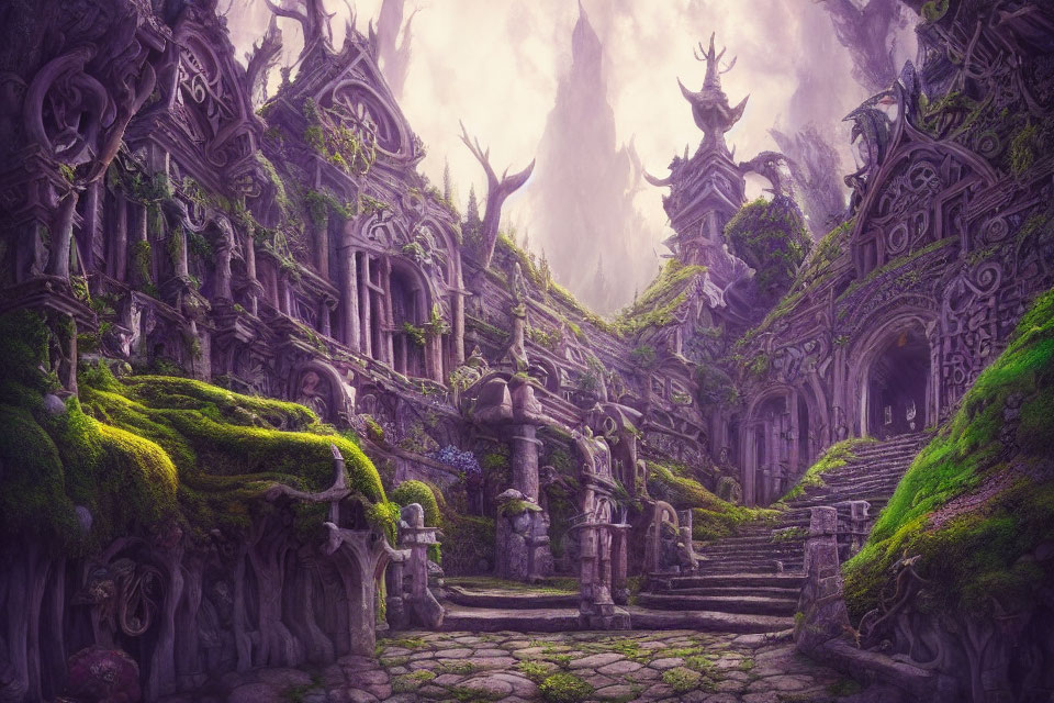 Ethereal fantasy landscape with moss-covered ruins and stone carvings