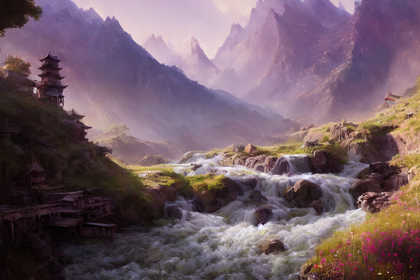 Tranquil landscape with river, wooden structures, misty mountains, and pink sky