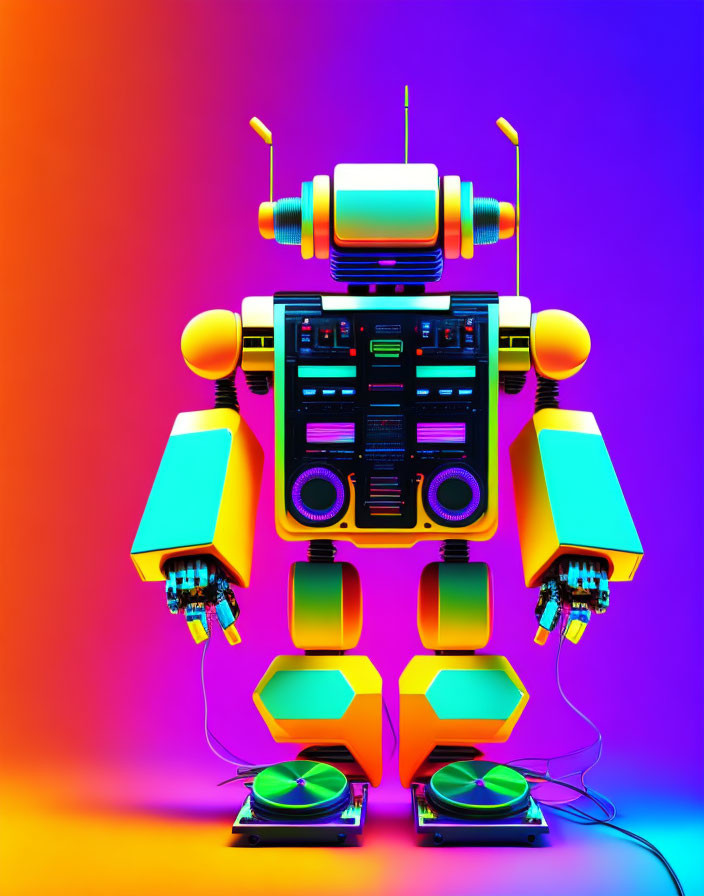 Colorful Robot DJ Illustration on Neon Background