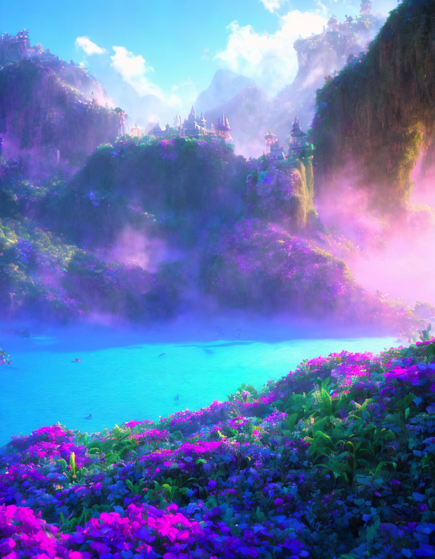 Colorful Fantasy Landscape with Turquoise Lake, Flowers, Mountains, and Castle