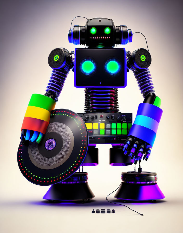 Colorful Robot DJ Mixing Tunes on Turntable