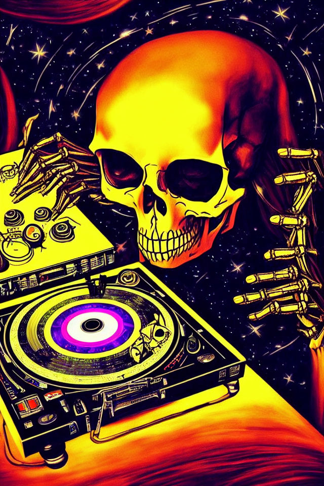 Colorful skull with cosmic backdrop DJing on turntable.