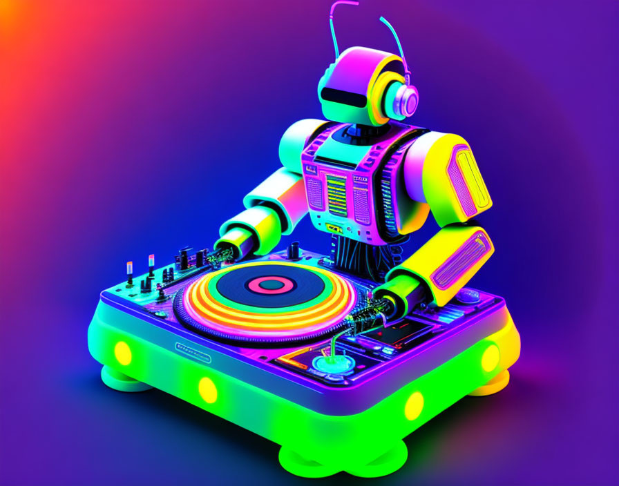 Neon-lit robot DJ mixing console on colorful background