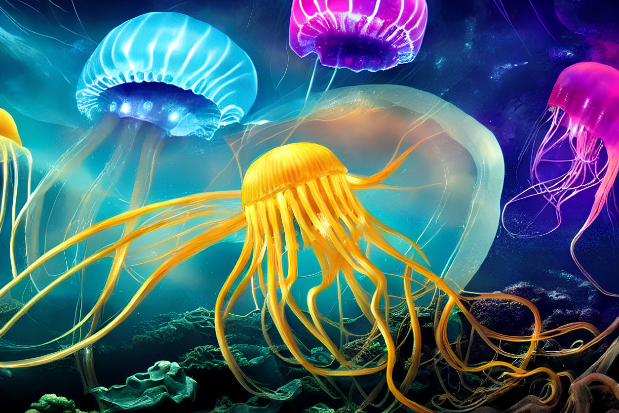 Colorful Jellyfish Illustration in Blue, Purple, and Yellow Underwater Environment