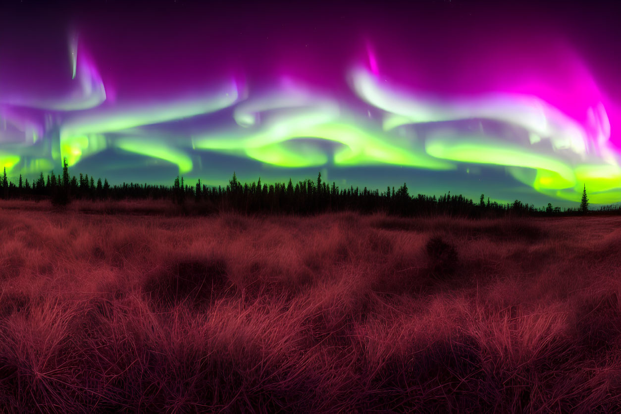 Colorful aurora borealis lights above dark forest and dry grass