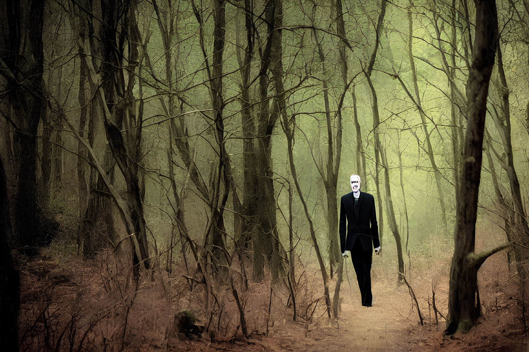 Person in Suit with Unsettling Mask in Forest Setting