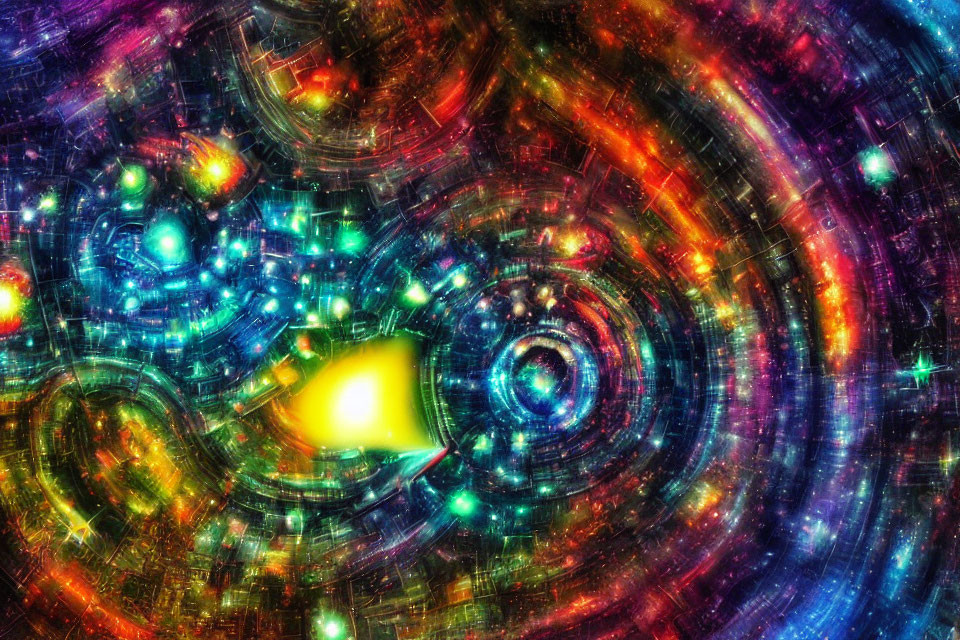 Colorful digital artwork of cosmic scene with swirling patterns and glowing spaceship.