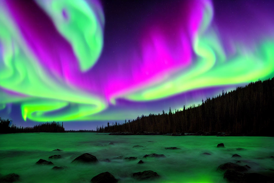 Night sky illuminated by green and purple auroras over misty forest silhouette