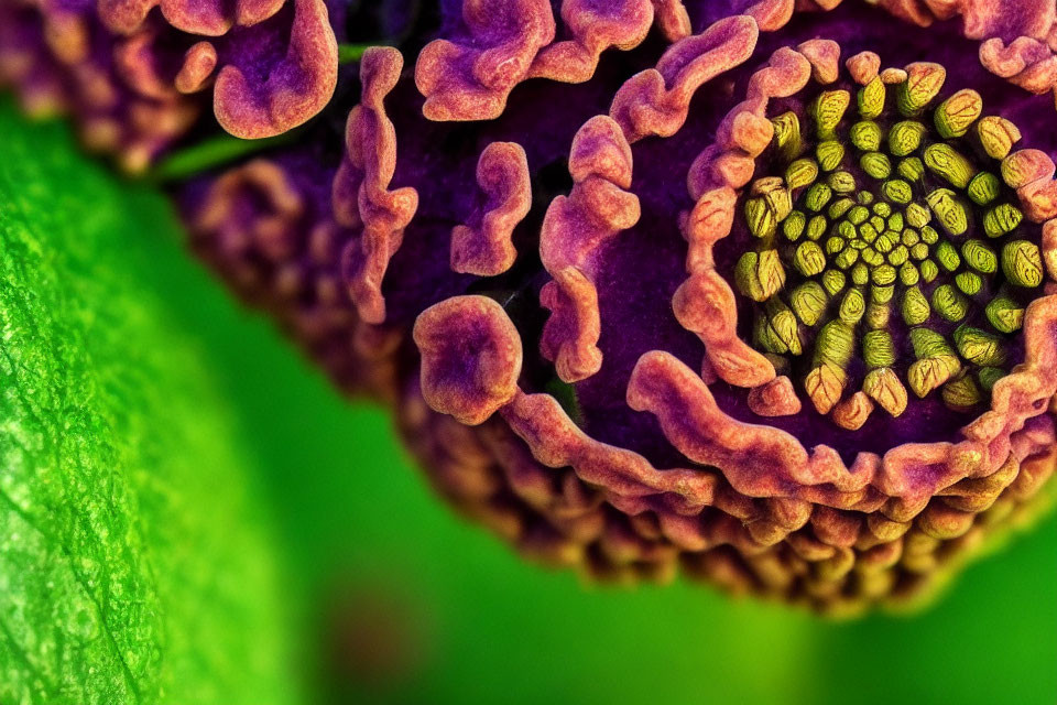 Detailed Purple Flower Close-Up with Green Leaf