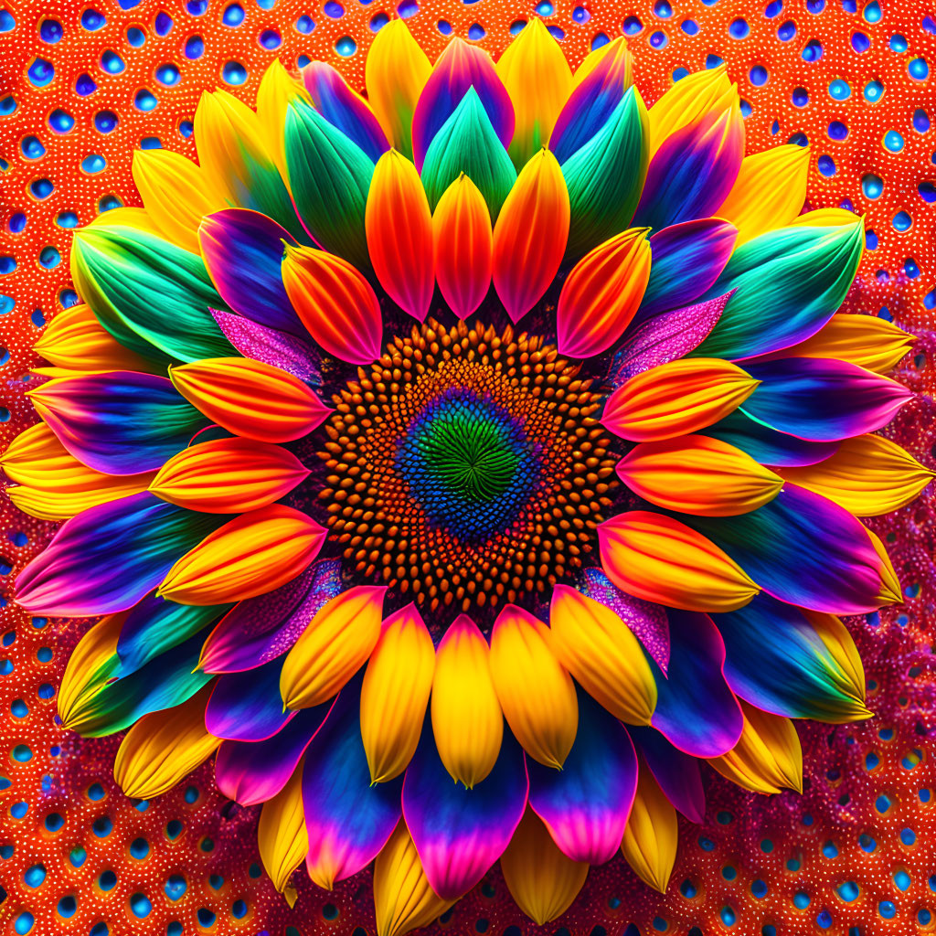 Colorful Sunflower Artwork with Exaggerated Petals and Rainbow Background