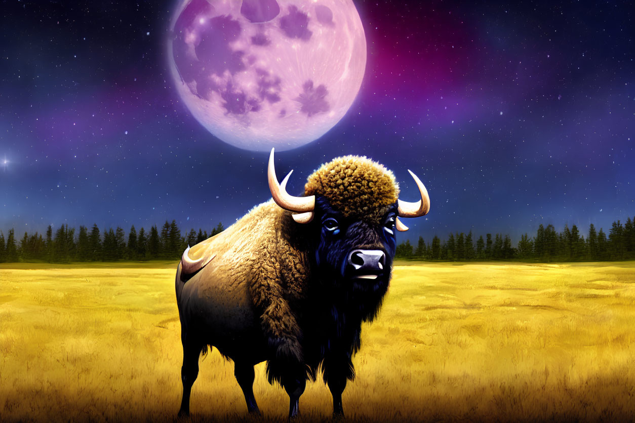 Majestic bison in golden field under purple moon