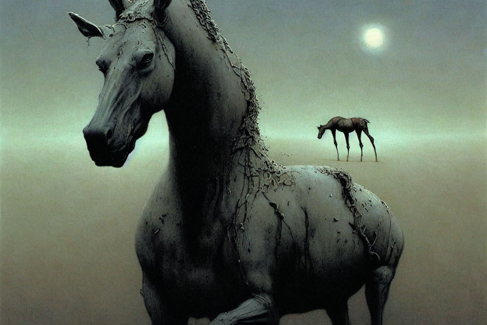 Surreal artwork: large dripping horse sculpture over smaller live horse on hazy moonlit background