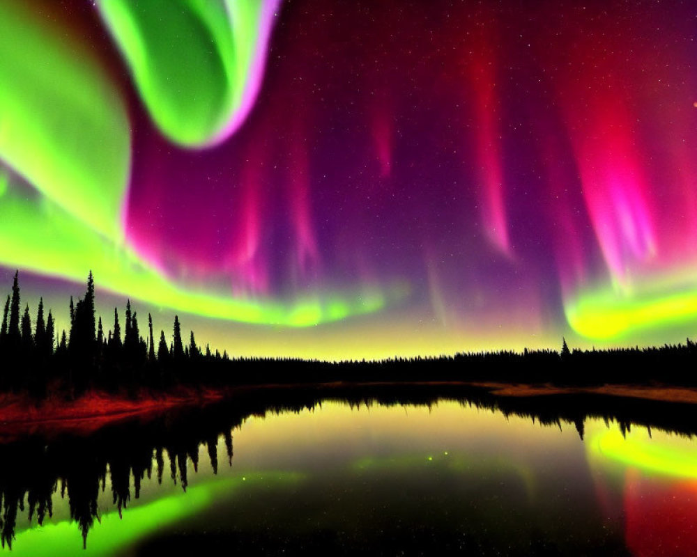 Colorful Aurora Borealis Reflecting on Forest Lake at Night