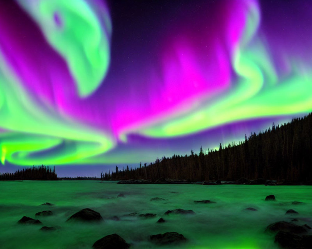 Night sky illuminated by green and purple auroras over misty forest silhouette