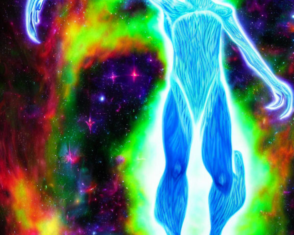 Colorful cosmic entity with glowing green eyes on nebula background