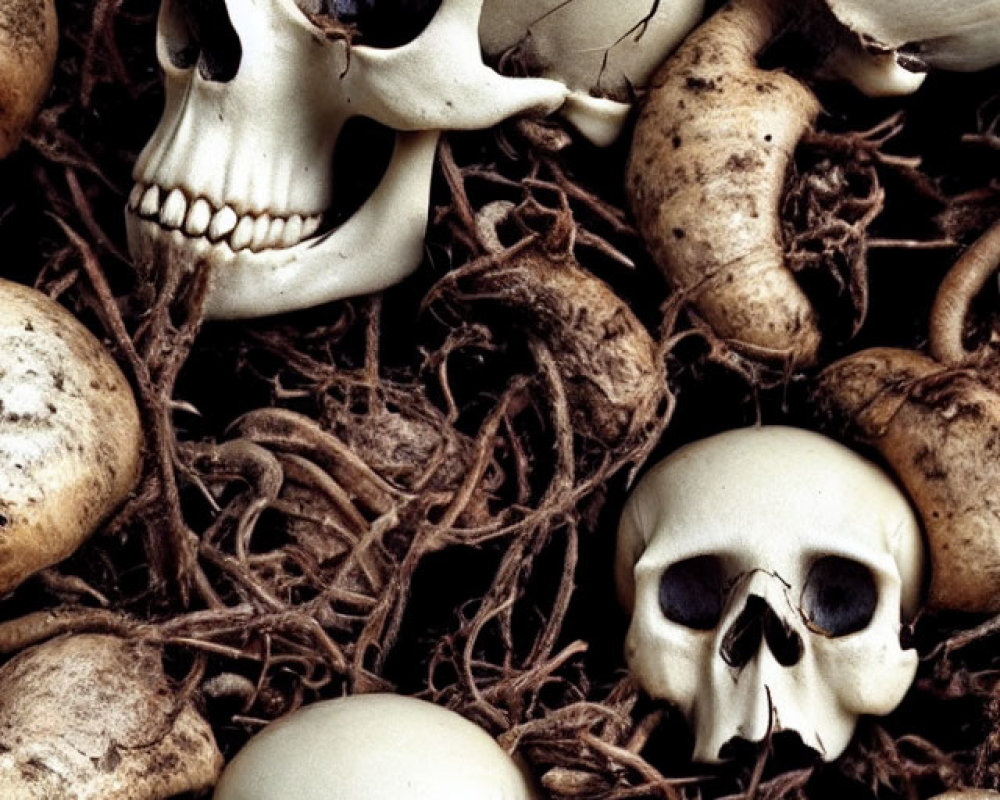 Dark background with pile of intertwined human skulls and bones, featuring cracked skull center.