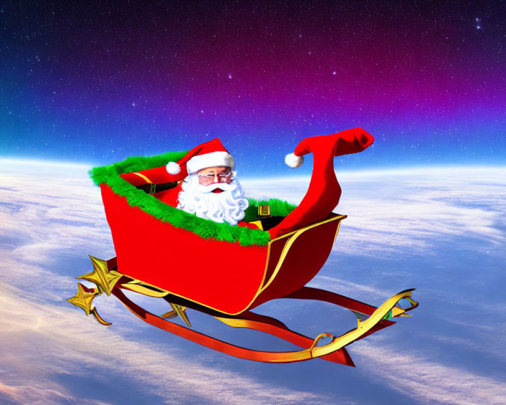 Santa Claus in red and gold sleigh over starry sky