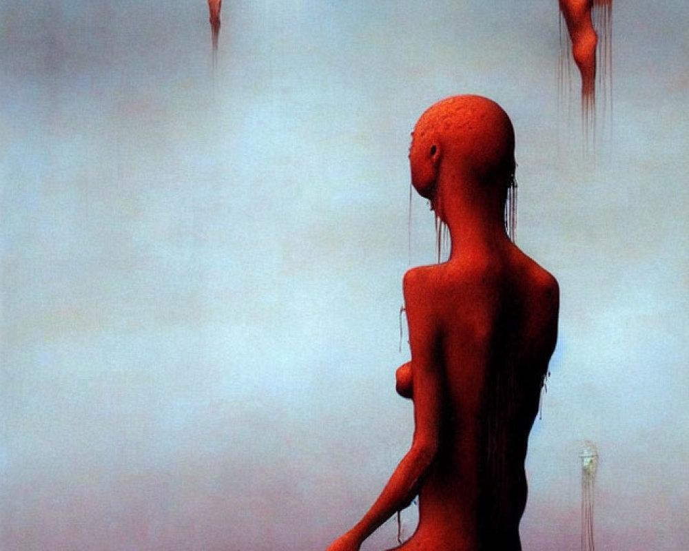 Surreal painting of naked humanoid figure on ledge in misty backdrop