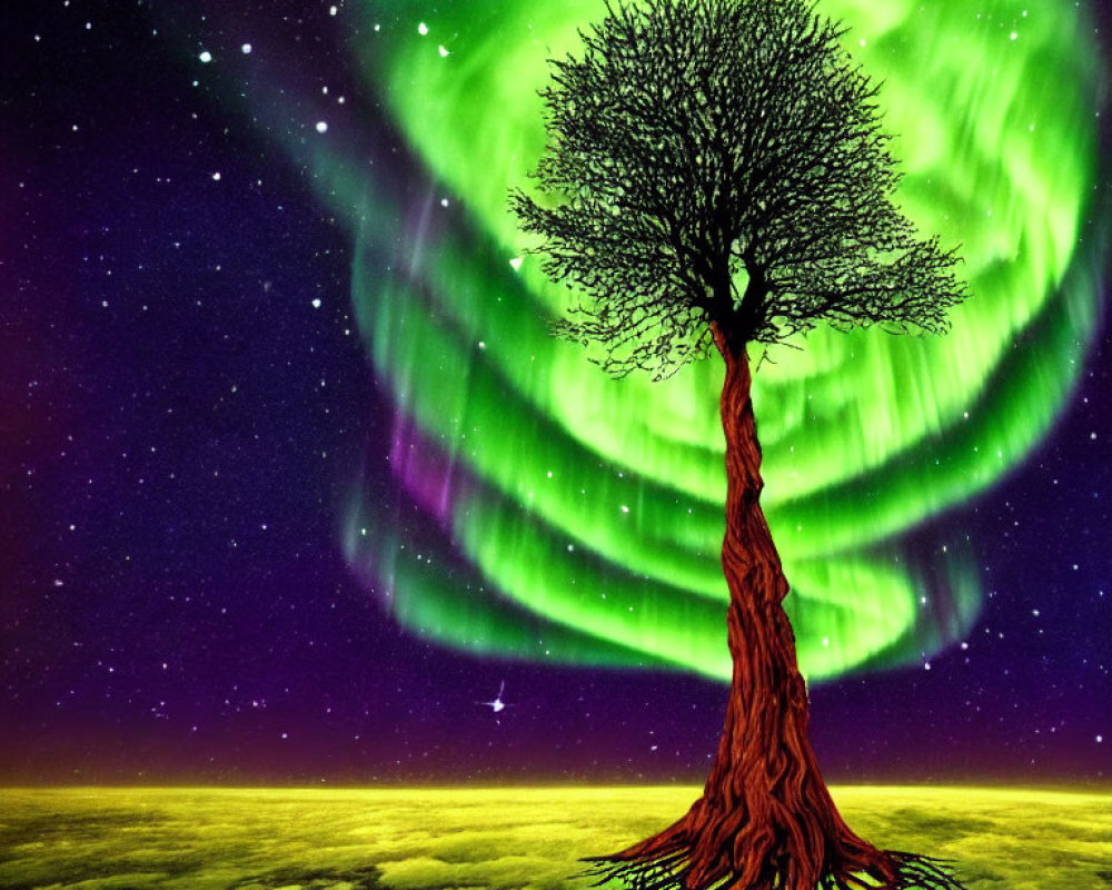 Solitary tree with vast root system under vibrant aurora-filled sky