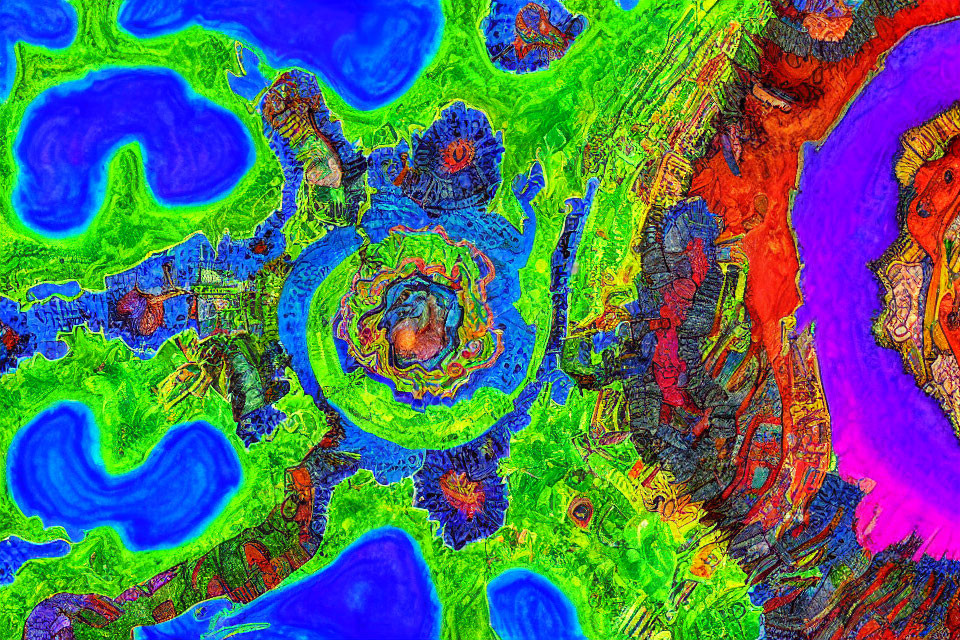 Colorful Abstract Psychedelic Art: Swirls and Patterns in Blues, Greens, and Reds