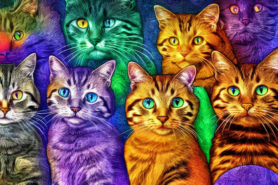 Colorful Cat Montage with Expressive Eyes in Striking Artistic Style