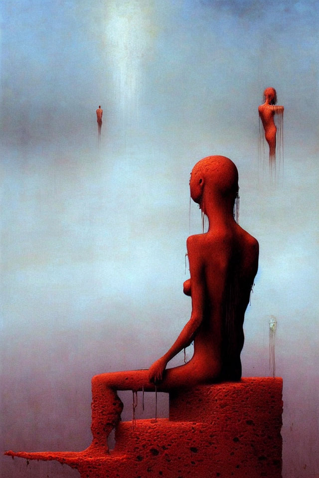 Surreal painting of naked humanoid figure on ledge in misty backdrop