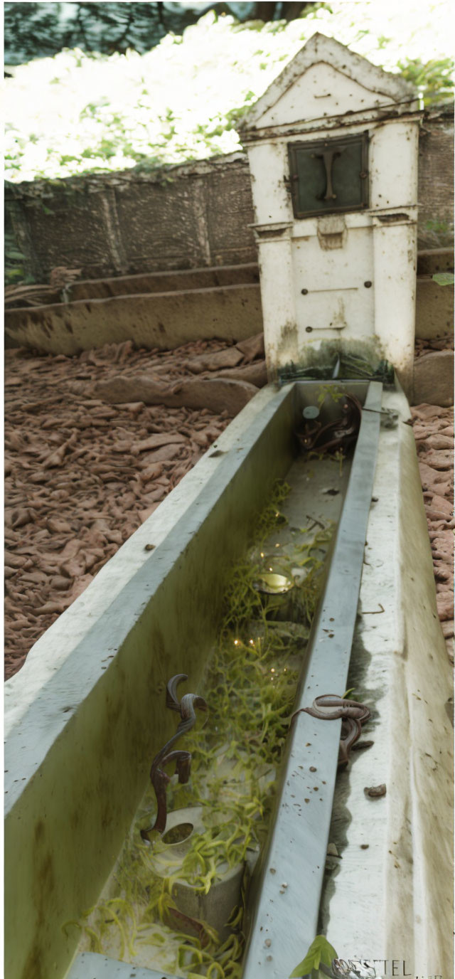 Neglected trough with water, leaves, snails, and vintage bee box in greenery