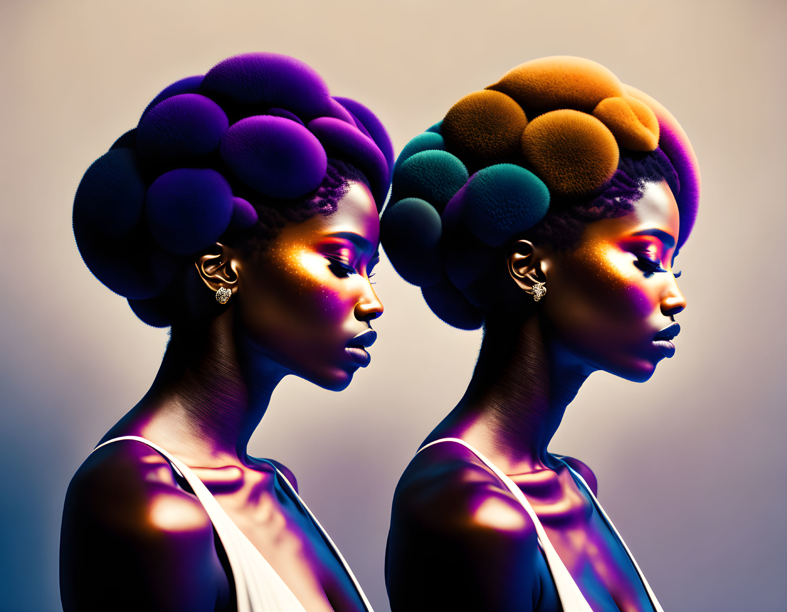 Colorful Hairdos: Two Women Back-to-Back Profiles on Gradient Background